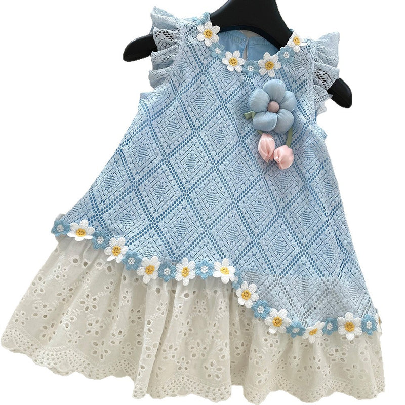 Girls Cute Lace Stitching Flying Sleeves Princess Dress