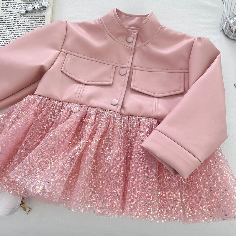 Girls' Autumn Sequined Mesh PU Leather Jacket