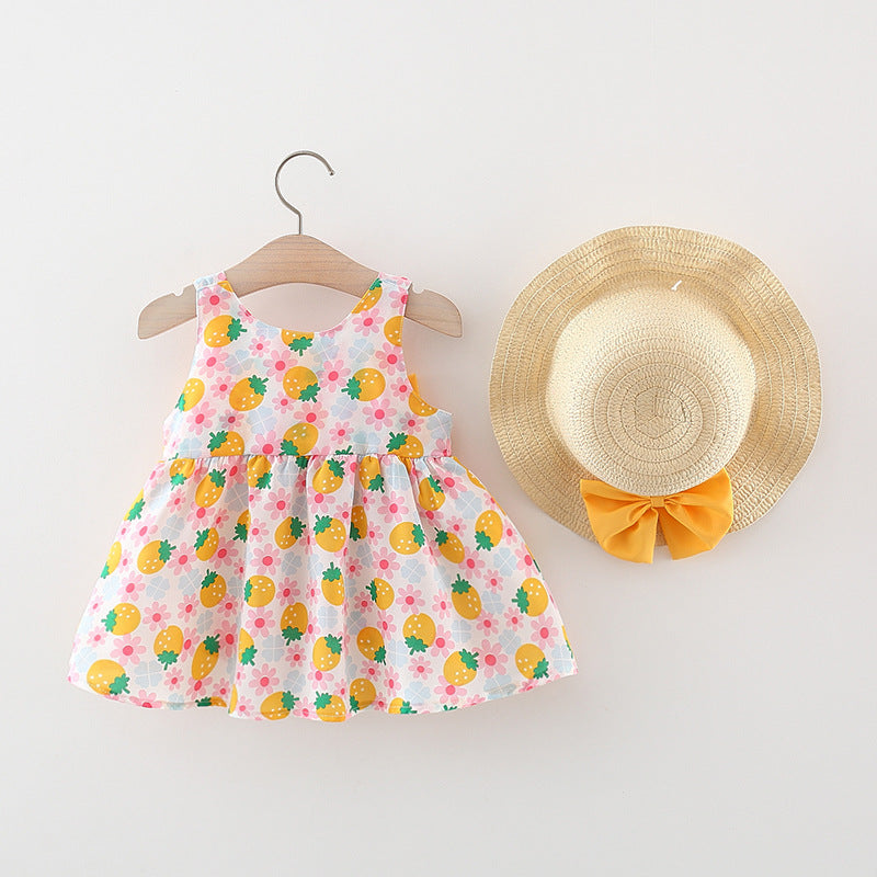 Baby Girl Strawberry Print Bow Suspender Dress