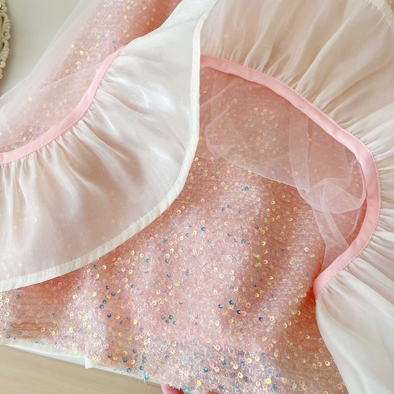 Girls Summer Sleeveless Vest Bowknot Sequined Princess Dress
