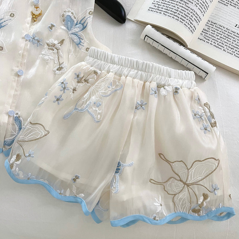 Girls Summer Embroidered Sleeveless Tops Shorts Two-piece Set
