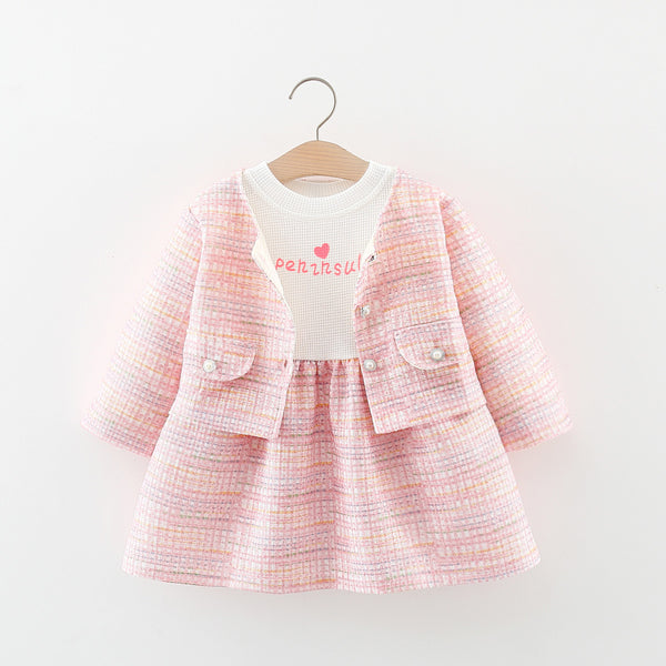 Girls Colorful Plaid Jacket Two-piece Dress