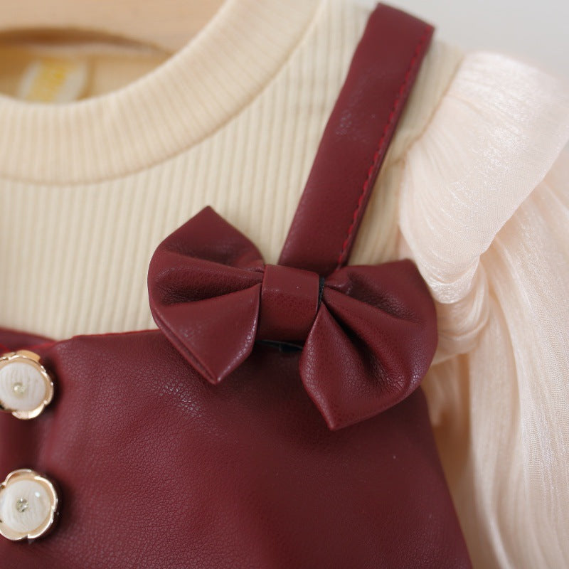 Girls Autumn PU Leather Fake Two-Piece Puffy Princess Dress
