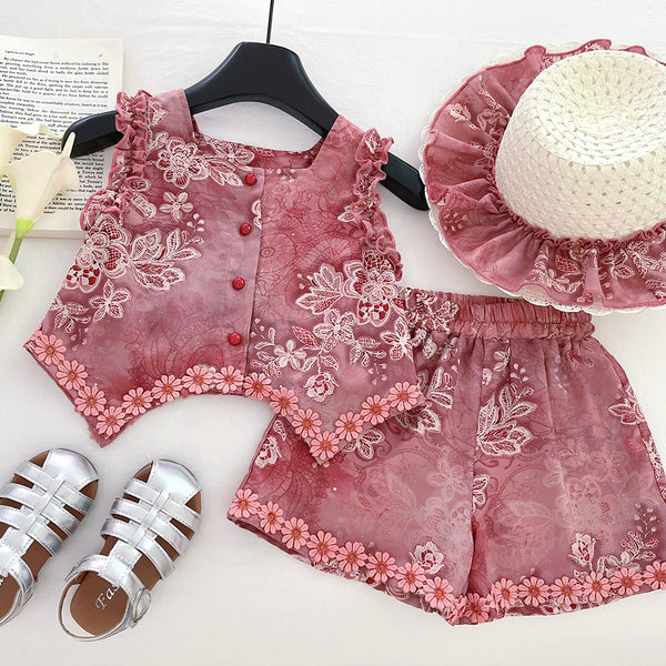 Girls Summer Hollow Bow Top Flower Shorts Two-Piece Set
