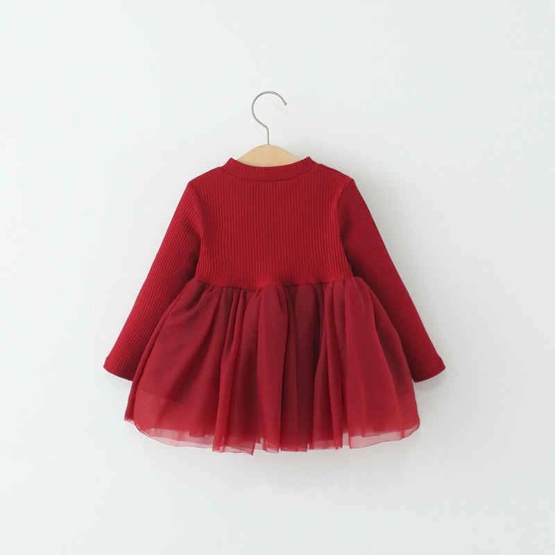 Girls Autumn Long Sleeve Bow Mesh Princess Dress