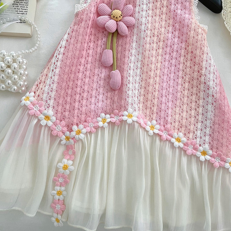 Girls' Sleeveless Summer New Hollow Flower Splicing Princess Dress
