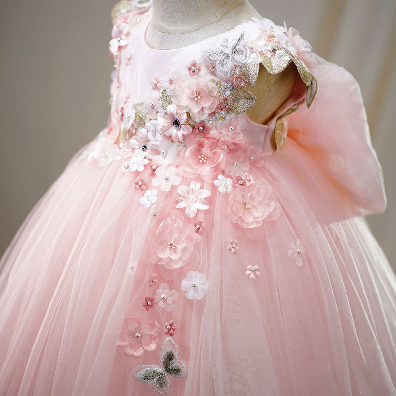 Pink Flower Girl Wedding Dress Girl Birthday Sleeveless Dress