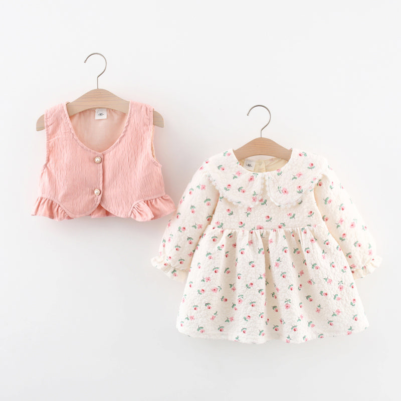 Cute Girls Autumn Printed Fake Two Piece Princess Dress