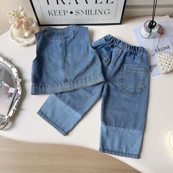 Girls Retro Denim Vest Pants Two-Piece Set