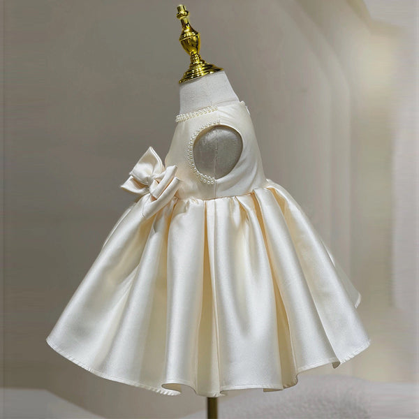 Elegant Baby Girls Sleeveless Round Neck White Bow Princess Toddler First Communion Dress