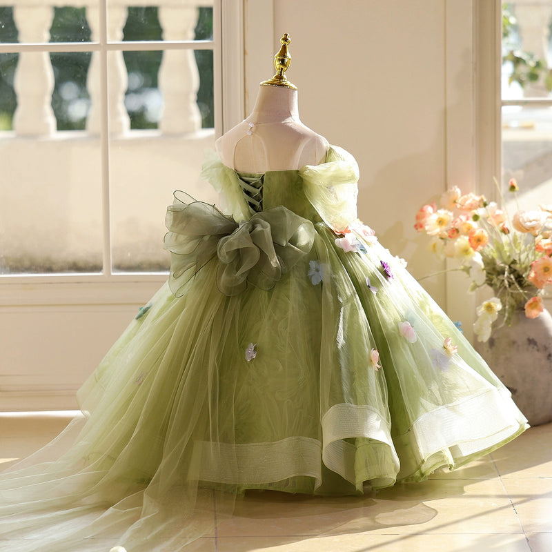 Girls Green Flower Birthday Princess Dress Children's Ball Dress