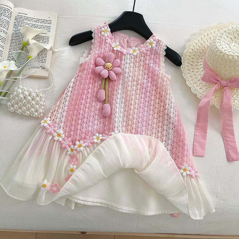 Girls' Sleeveless Summer New Hollow Flower Splicing Princess Dress