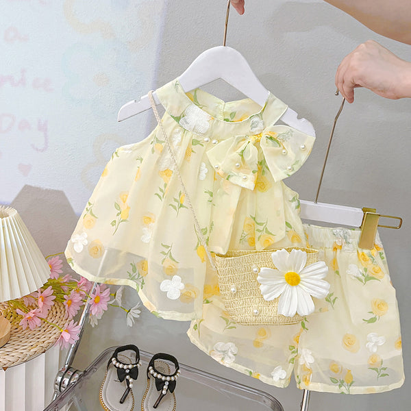 Girls Summer Thin Flower Top Shorts Two-piece Set