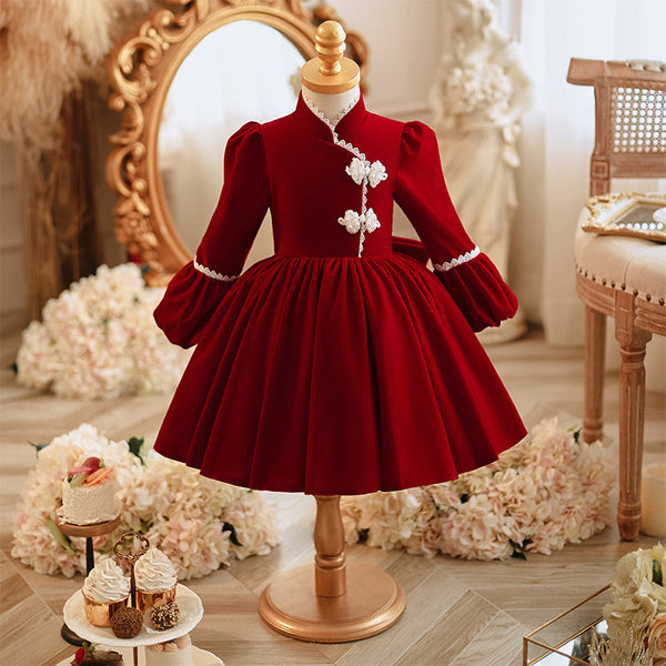 Flower Girl Dress Baby Girl Birthday Dress Girl Red Party Velvet Princess Dress