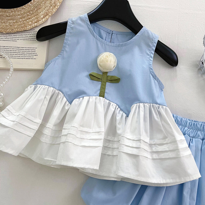 Summer Girls Fluffy Shorts Set Spliced Flower Top Two-piece Set