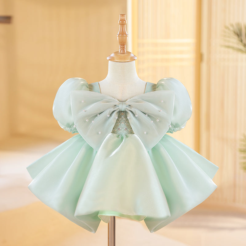 cute bow dresses Cute Puff Sleeve Birthday Party Dresses with Bow A Line Pink Satin Princess Gowns, Pink / 160 cm