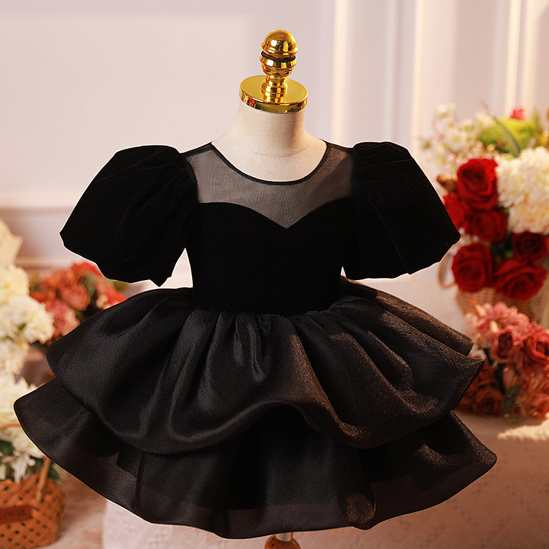 Little Girls Dress Toddler Pageant Black Formal Flower Puff Sleeves Princess Dress