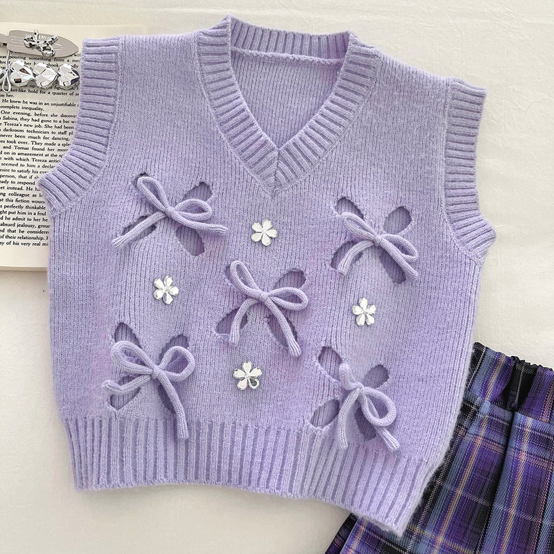 Girls' Knitted Vest Shirt and Plaid Skirt Three-piece Set