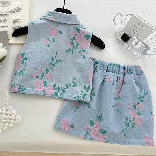 Girls Summer Printed Denim Top and Short Skirt Two-piece Set