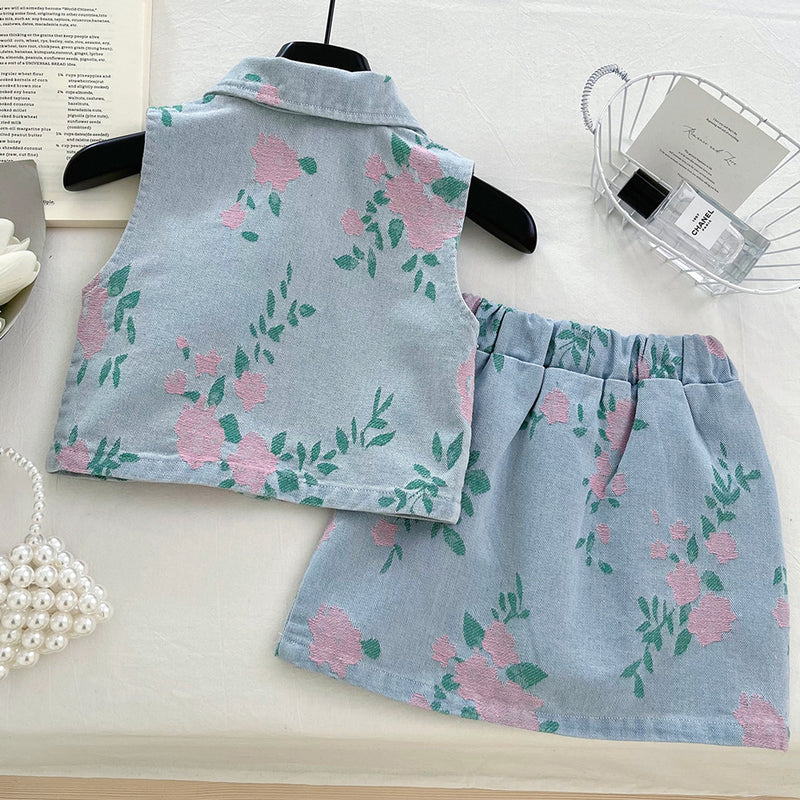 Girls Summer Printed Denim Top and Short Skirt Two-piece Set