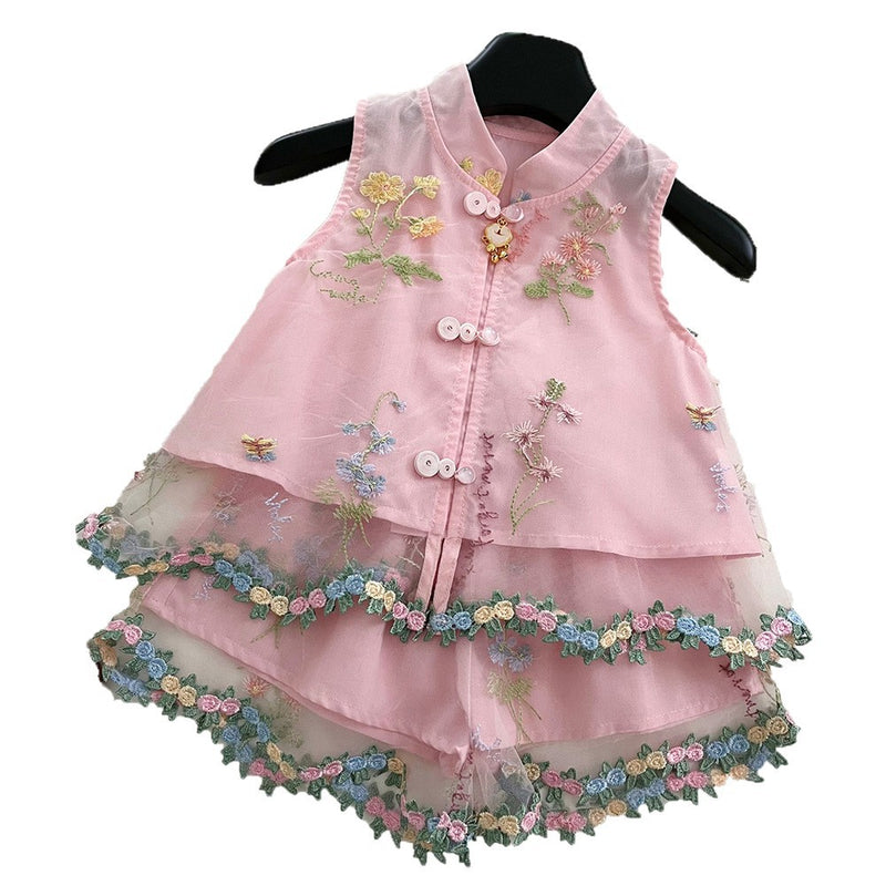 Girls Summer Thin Sleeveless Embroidered Top Shorts Two-piece Set