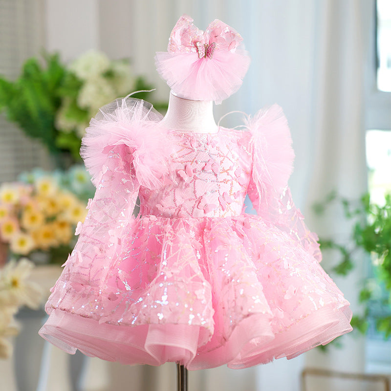 New Girls Pink Birthday Dress Flower Girl Cute Princess Dress