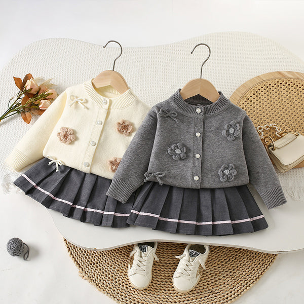 Girls' Flower Sweater Knitted Pleated Skirt Two-Piece Set