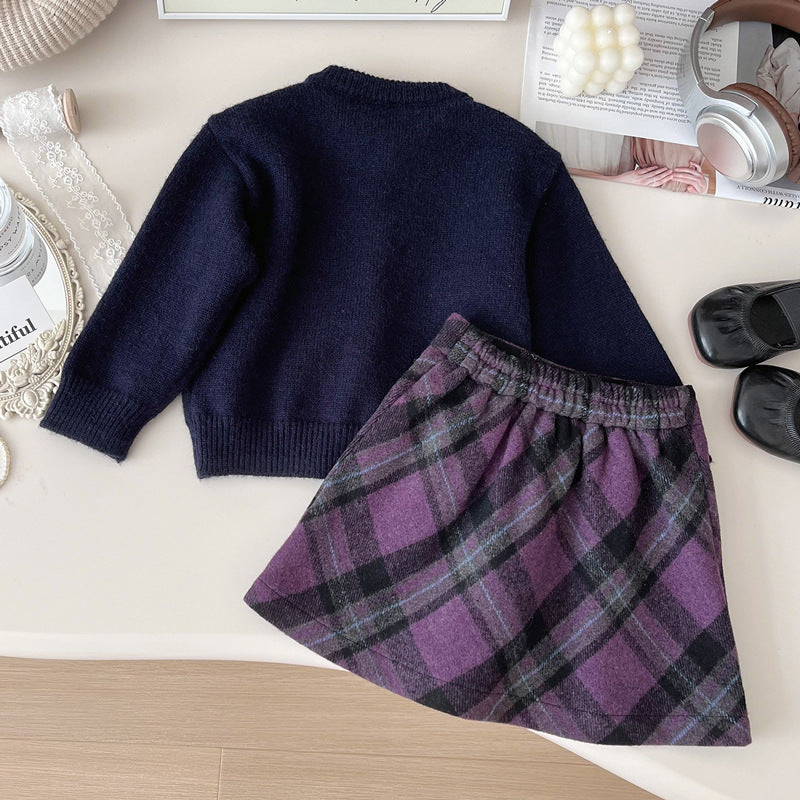 Girls' New Heart Button Knitted Sweater Wool Plaid Skirt