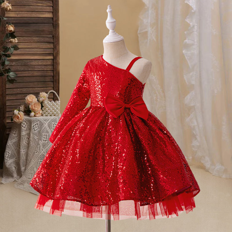 Girls Red Sequin Birthday Princess Dress Girls Prom Bow Dress