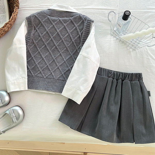 Girls' Autumn New Gray Sweater Shirt Skirt Three-piece Set