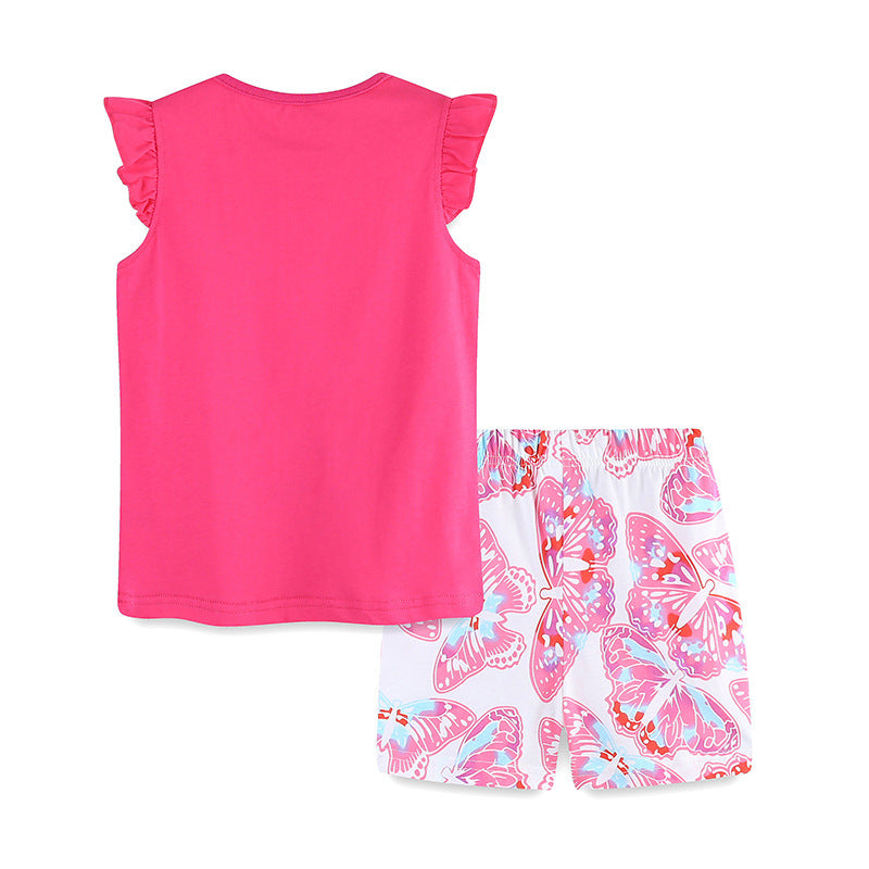 Girls Short Sleeve Suit Summer Butterfly Print T-shirt Two-piece Suit
