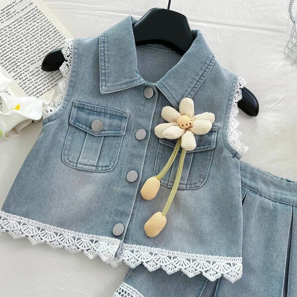 Summer Girls Denim Lace Vest Short Skirt Two-piece Set