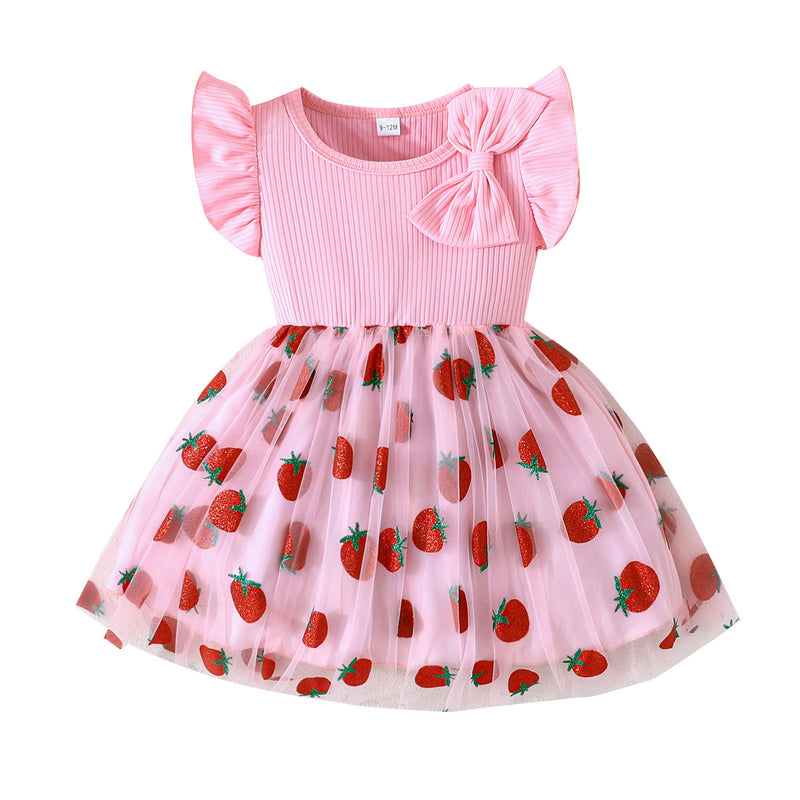 Summer New Girls Cute Strawberry Pattern Mesh Dress