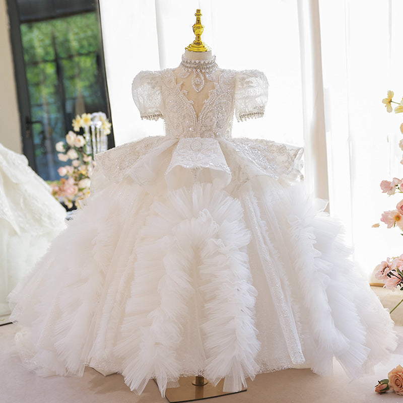 Flower Girls Dress Toddler Pageant Birthday Princess Trailing Cake Dress, White / 7-8 Years (140cm)