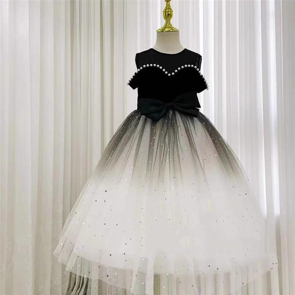 Elegant Baby Girls Black and White Gradient Pearl Princess Dress Toddler Prom Dress