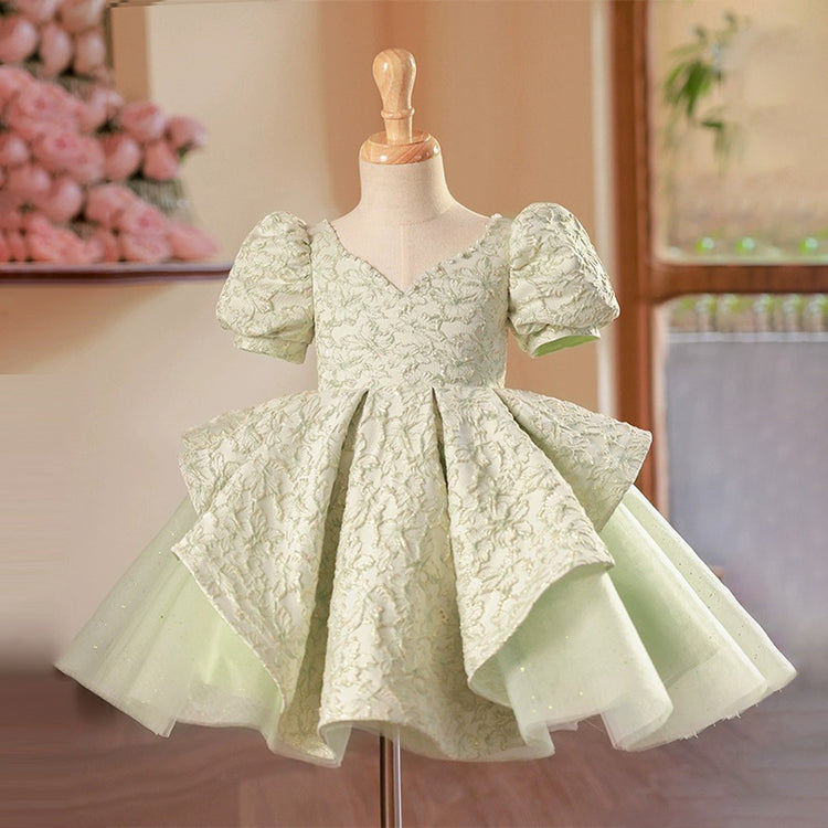 Cute Baby Girls V-neck Green Puffy Mesh Dresses  Toddler Birthday Party Dress