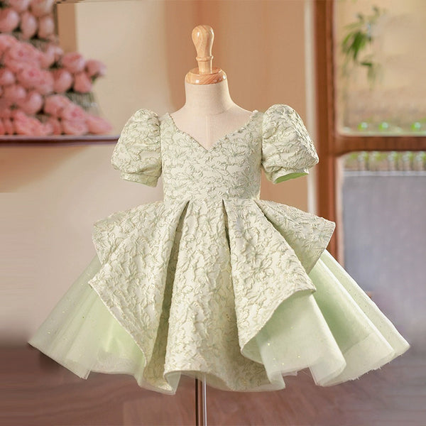 Cute Baby Girls V-neck Green Puffy Mesh Dresses  Toddler Birthday Party Dress