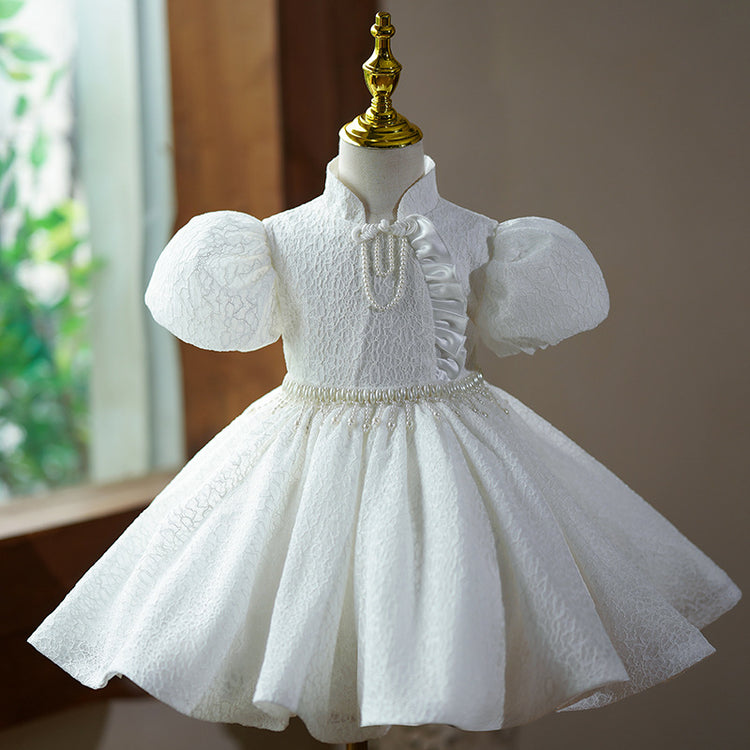 Cute 3D Puff Sleeves Pearl Pipa Knot Princess Dress