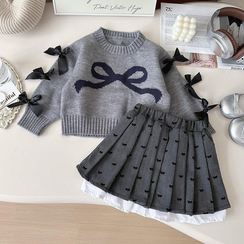 Girls Bowknot Long-sleeved Knitted Sweater Skirt Two-Piece Set
