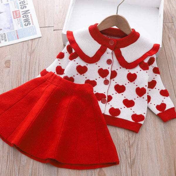 Girls Winter Sweater Knitted Love Dress  Children's Two-piece Dress