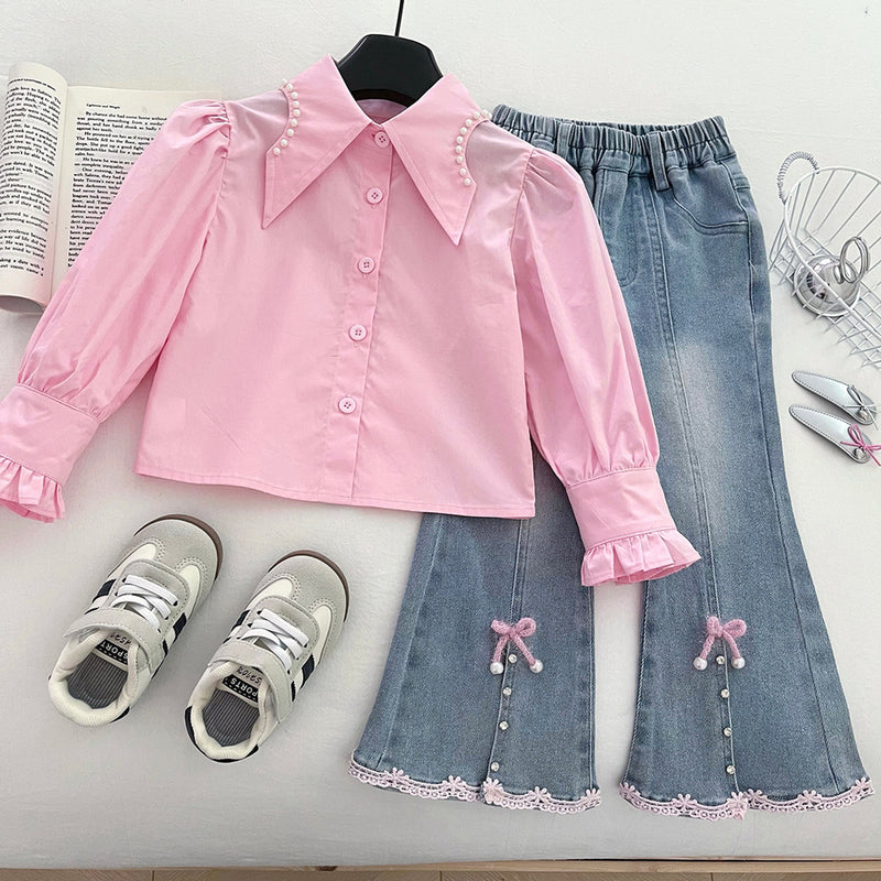Girls' Sweater Vest Shirt Flared Jeans Three-piece Suit