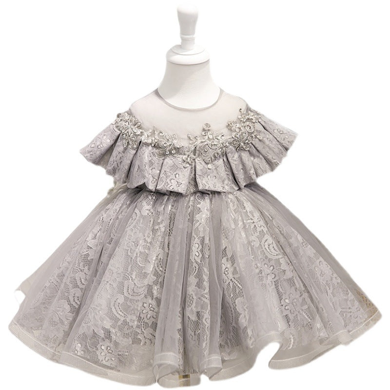 Cute Baby Girl Gray Sequin Pattern Mesh Birthday Princess Dress Toddler Flower Girl Fluffy Dress