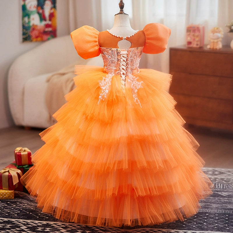orange dress princess Cute Toddler Communion Dress Fluffy Girls Princess Birthday Dress