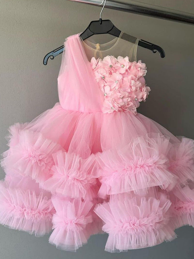 Girl Christmas Dress Baby Girl Pageant Dress Toddler Pink Flowers  Birthday  Princess Dress
