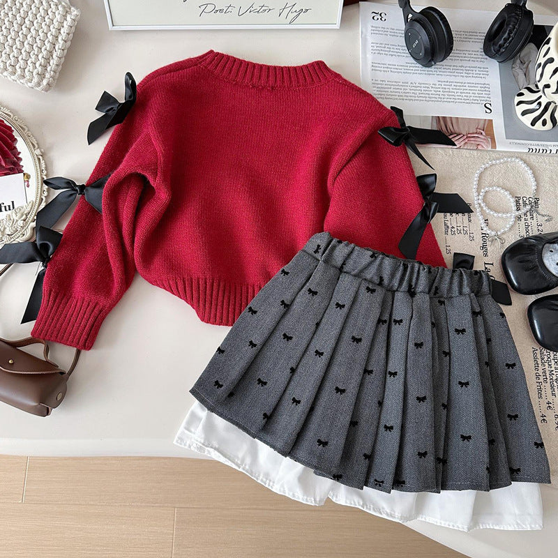 Girls Bowknot Long-sleeved Knitted Sweater Skirt Two-Piece Set