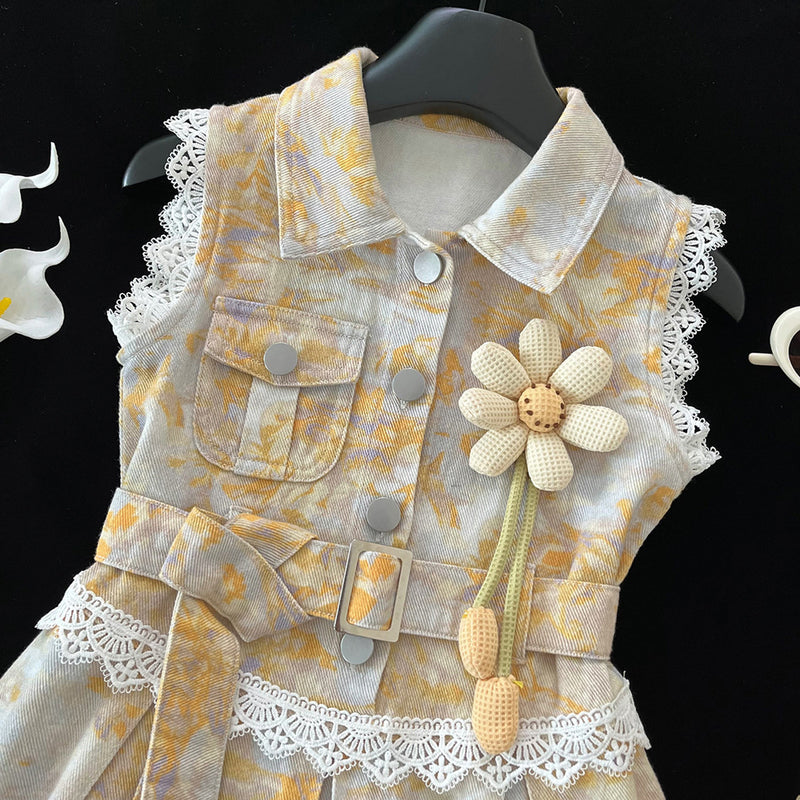 Girls Summer Sleeveless Denim Lapel Lace Princess Dress
