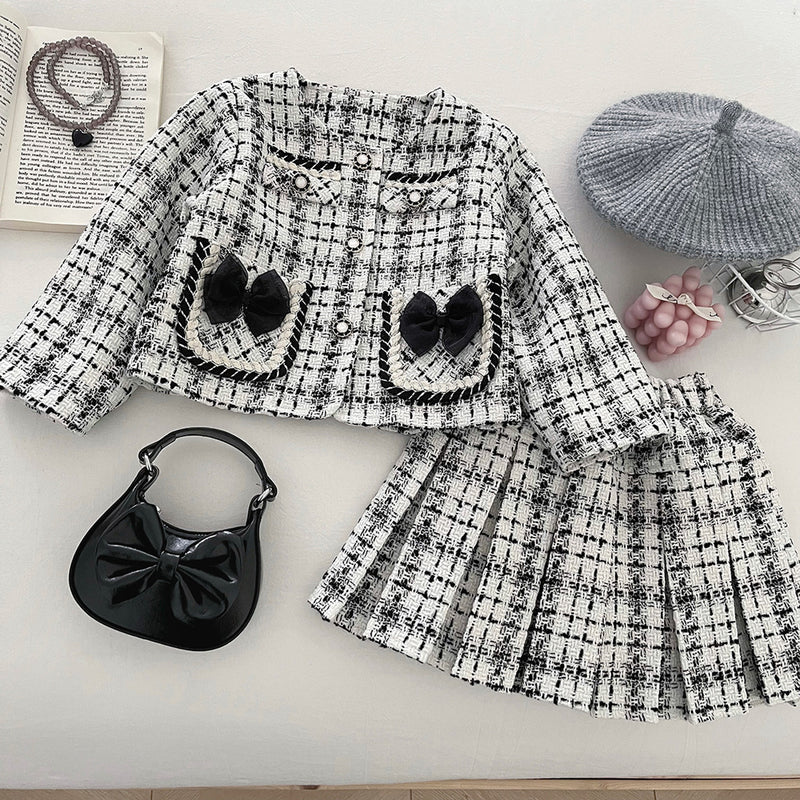Girls' Autumn New Plaid Jacket and Short Skirt Two-piece Suit