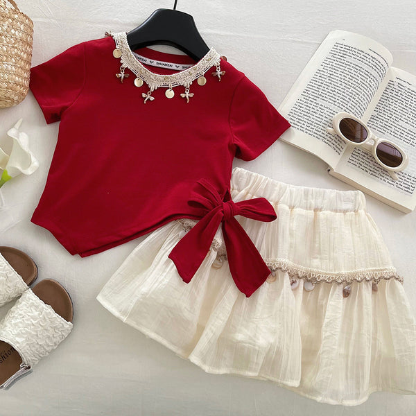 Girls' New Summer Irregular Bow Top Skirt Two-piece Set