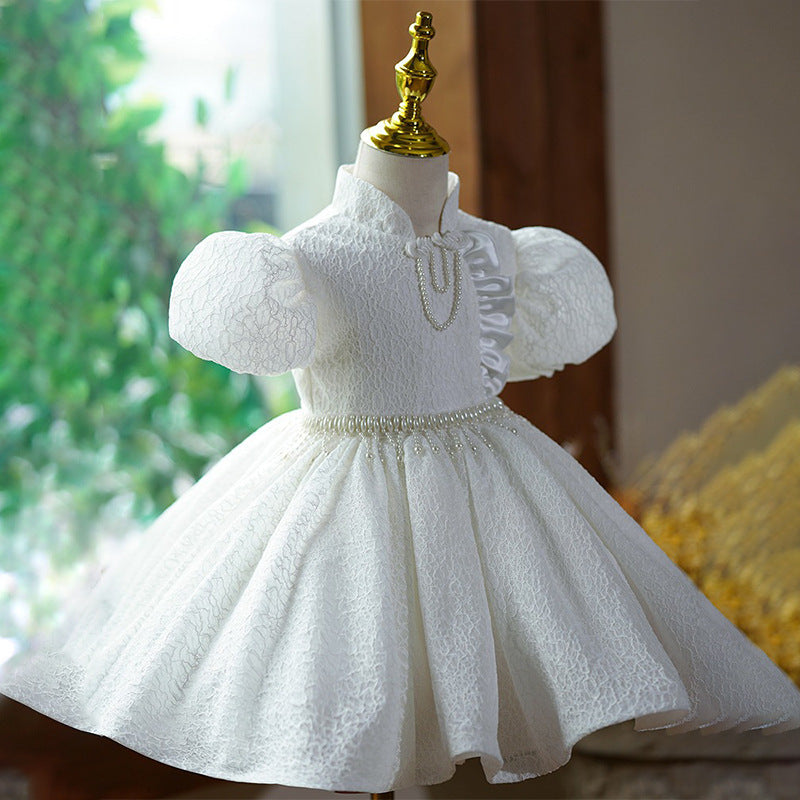 Cute 3D Puff Sleeves Pearl Pipa Knot Princess Dress