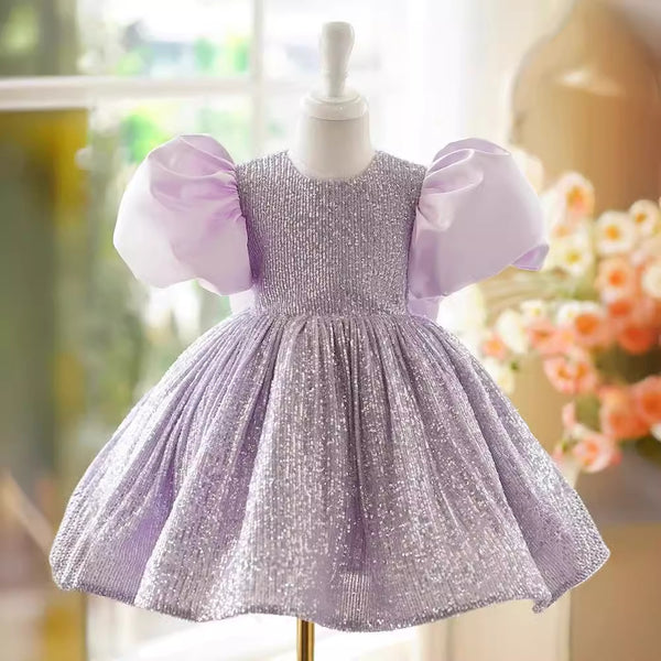 Cute Baby Purple Sequin Formal Dresses Toddler Birthday Pageant Dresses